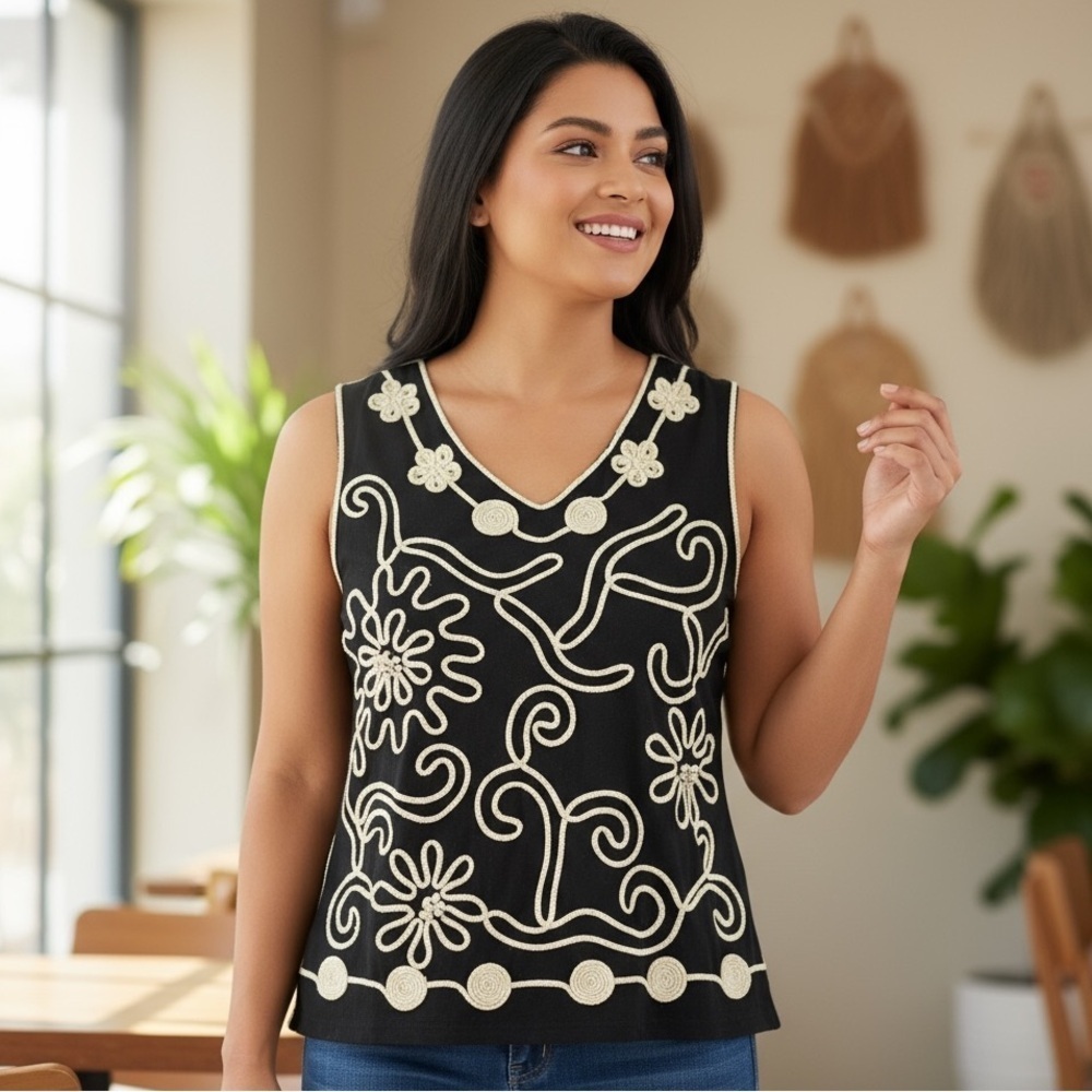 Lauren Michelle Women Black Gold Jersey Sleeveless Embroidered Top Shirt Size L